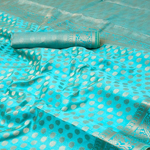 Blue Tusser Cotton Silk Saree Featuring Intricate Floral Zari Weave & Tassel Pallu