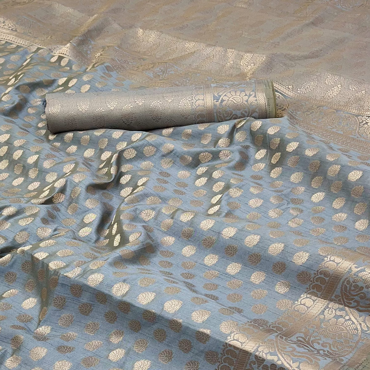 Grey Tusser Cotton Silk Saree Featuring Intricate Floral Zari Weave & Tassel Pallu