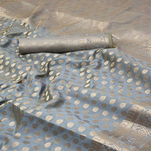 Grey Tusser Cotton Silk Saree Featuring Intricate Floral Zari Weave & Tassel Pallu