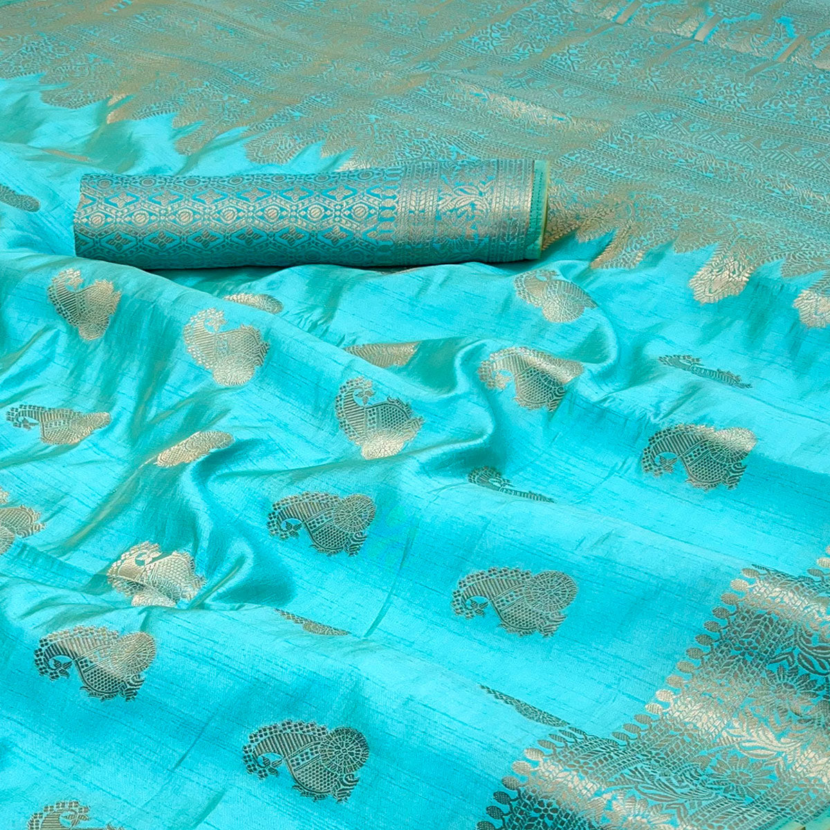 Blue Tusser Cotton Silk Saree Adorned With Floral Zari Weave & Tassel Pallu