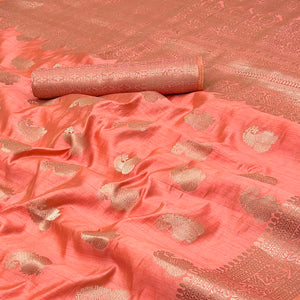 Coral Pink Tusser Cotton Silk Saree Adorned With Floral Zari Weave & Tassel Pallu