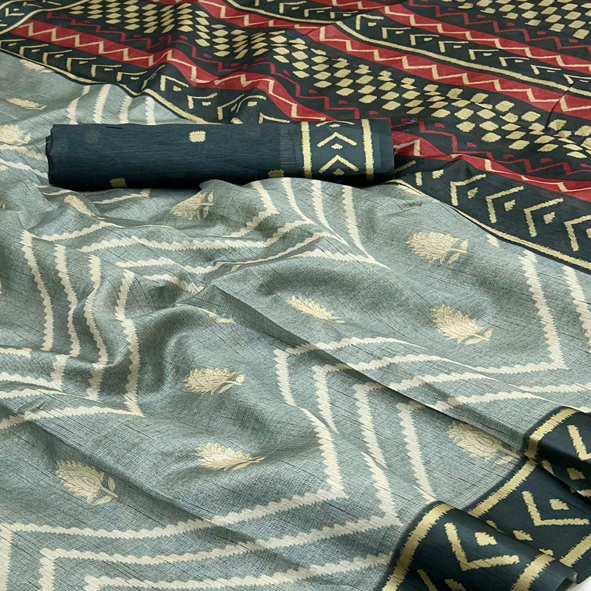 Grey Art Silk Saree Featuring Modern Digital Print & Tassel Pallu