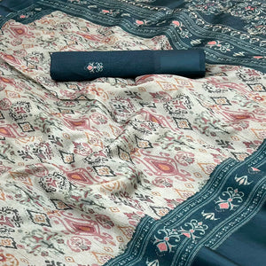 Cream & Blue Art Silk Saree Featuring Modern Digital Print & Tassel Pallu