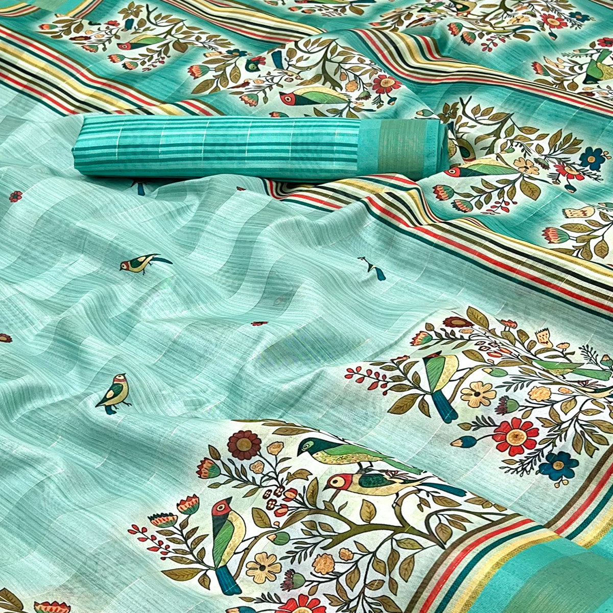 Turquoise Cotton Blend Saree Highlighted With Bird & Floral Digital Print