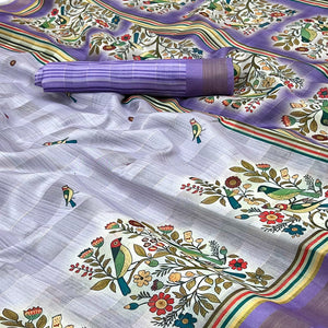 Lavender Cotton Blend Saree Highlighted With Bird & Floral Digital Print
