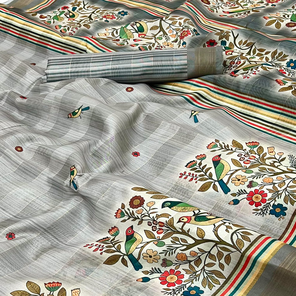 Grey Cotton Blend Saree Highlighted With Bird & Floral Digital Print