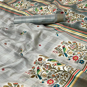 Grey Cotton Blend Saree Highlighted With Bird & Floral Digital Print