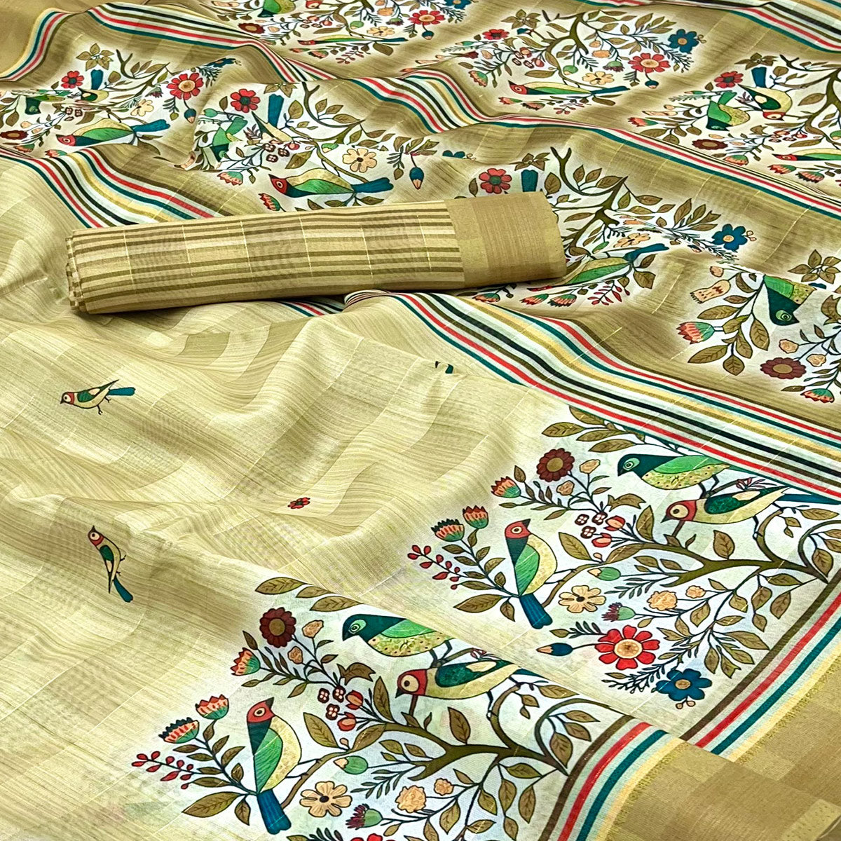 Mustard Cotton Blend Saree Highlighted With Bird & Floral Digital Print