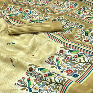 Mustard Cotton Blend Saree Highlighted With Bird & Floral Digital Print