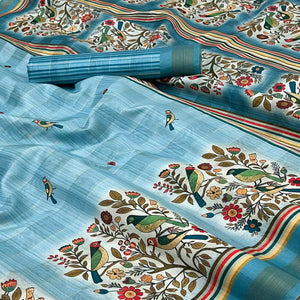 Blue Cotton Blend Saree Highlighted With Bird & Floral Digital Print