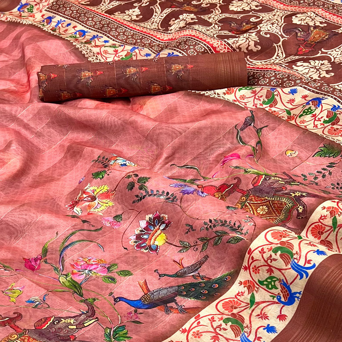 Peach Cotton Blend Saree Highlighted With Animal & Floral Digital Print