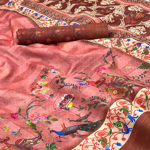 Peach Cotton Blend Saree Highlighted With Animal & Floral Digital Print