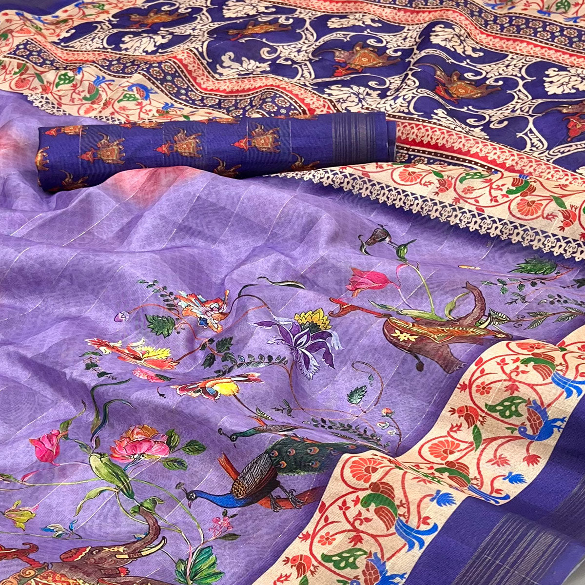 Purple Cotton Blend Saree Highlighted With Animal & Floral Digital Print
