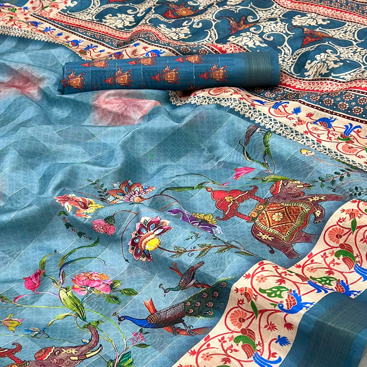 Blue Cotton Blend Saree Highlighted With Animal & Floral Digital Print