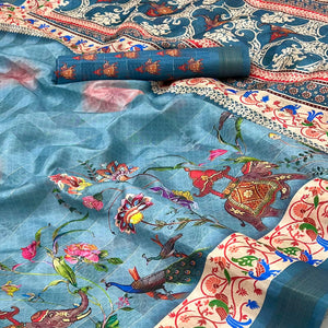 Blue Cotton Blend Saree Highlighted With Animal & Floral Digital Print