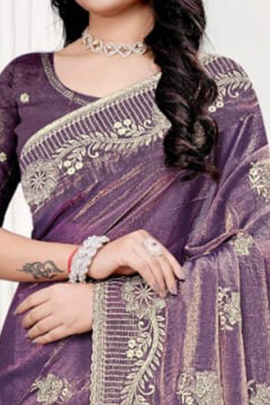 Classic Violet Floral Embroidered Organza Satin Silk Saree With Dazzling Diamond Work