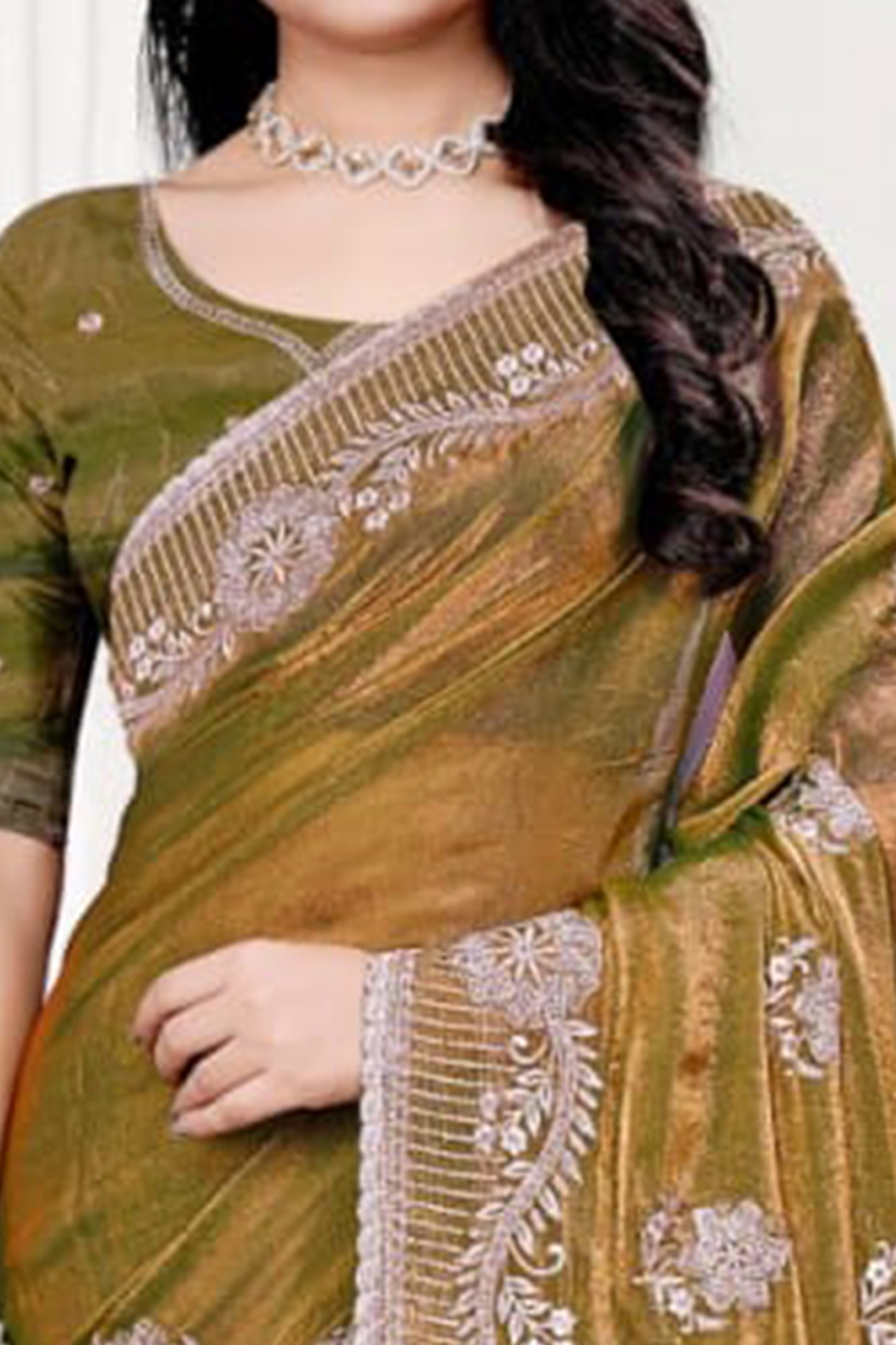 Classic Green Floral Embroidered Organza Satin Silk Saree With Dazzling Diamond Work