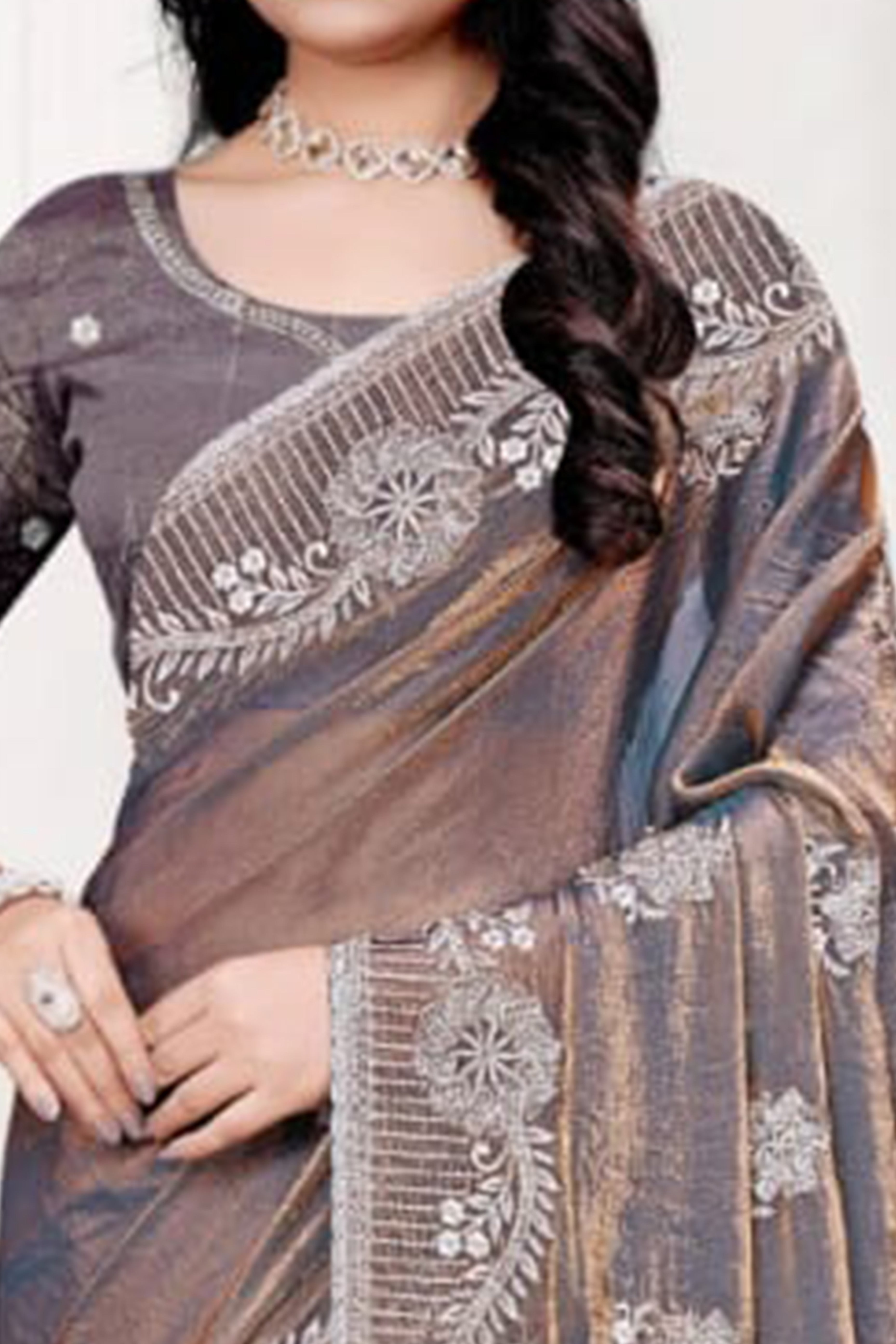 Classic Grey Floral Embroidered Organza Satin Silk Saree With Dazzling Diamond Work