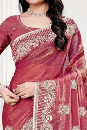 Classic Gajari Pink Floral Embroidered Organza Satin Silk Saree With Dazzling Diamond Work