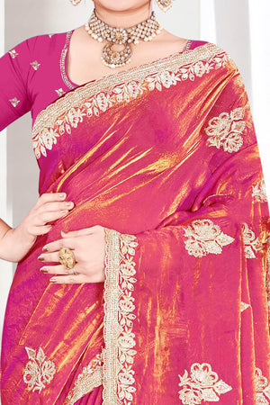 Classic Pink Floral Embroidered Organza Satin Silk Saree With Shimmering Diamond Work