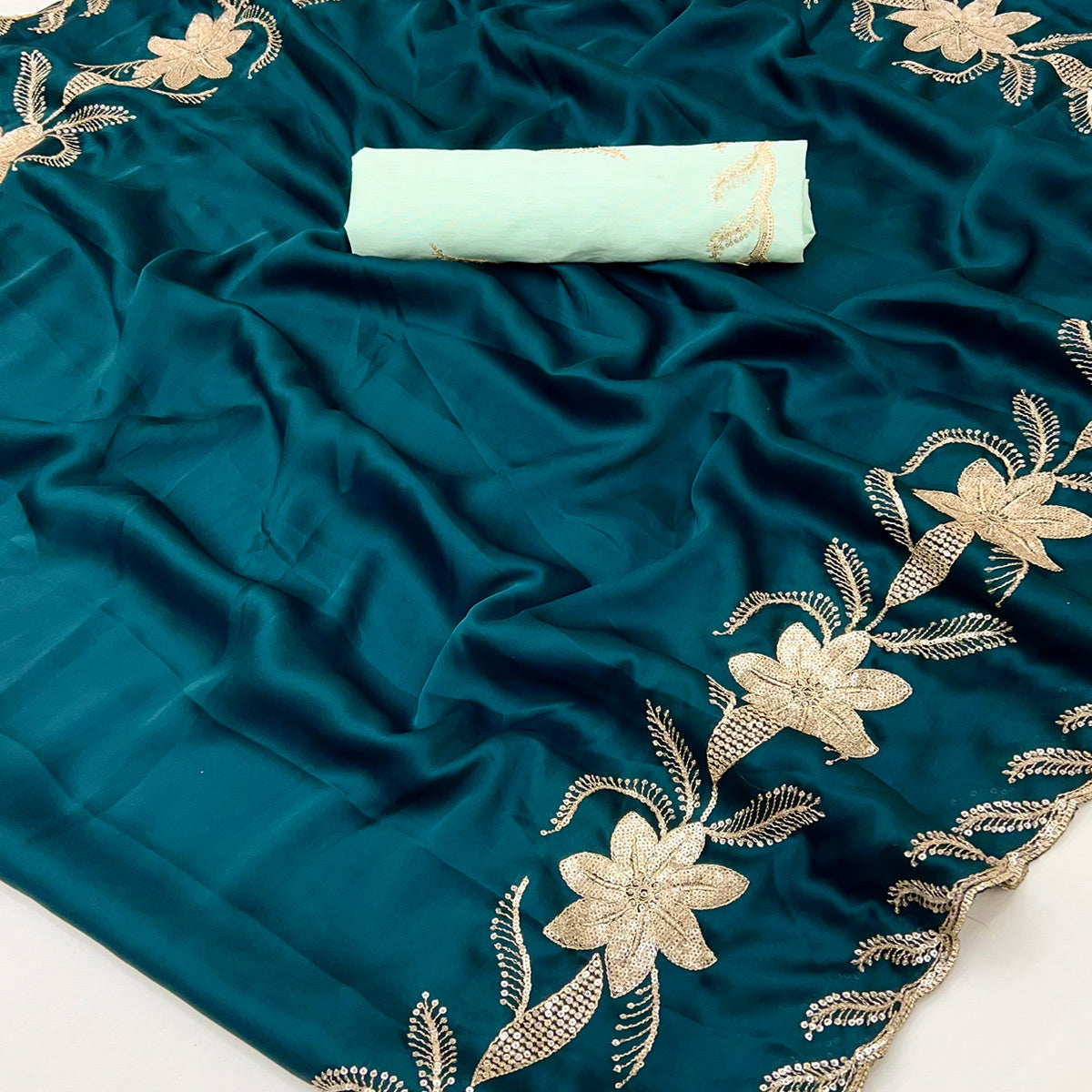 Teal Sequins Work Embroidered Satin Saree for Special Occasions