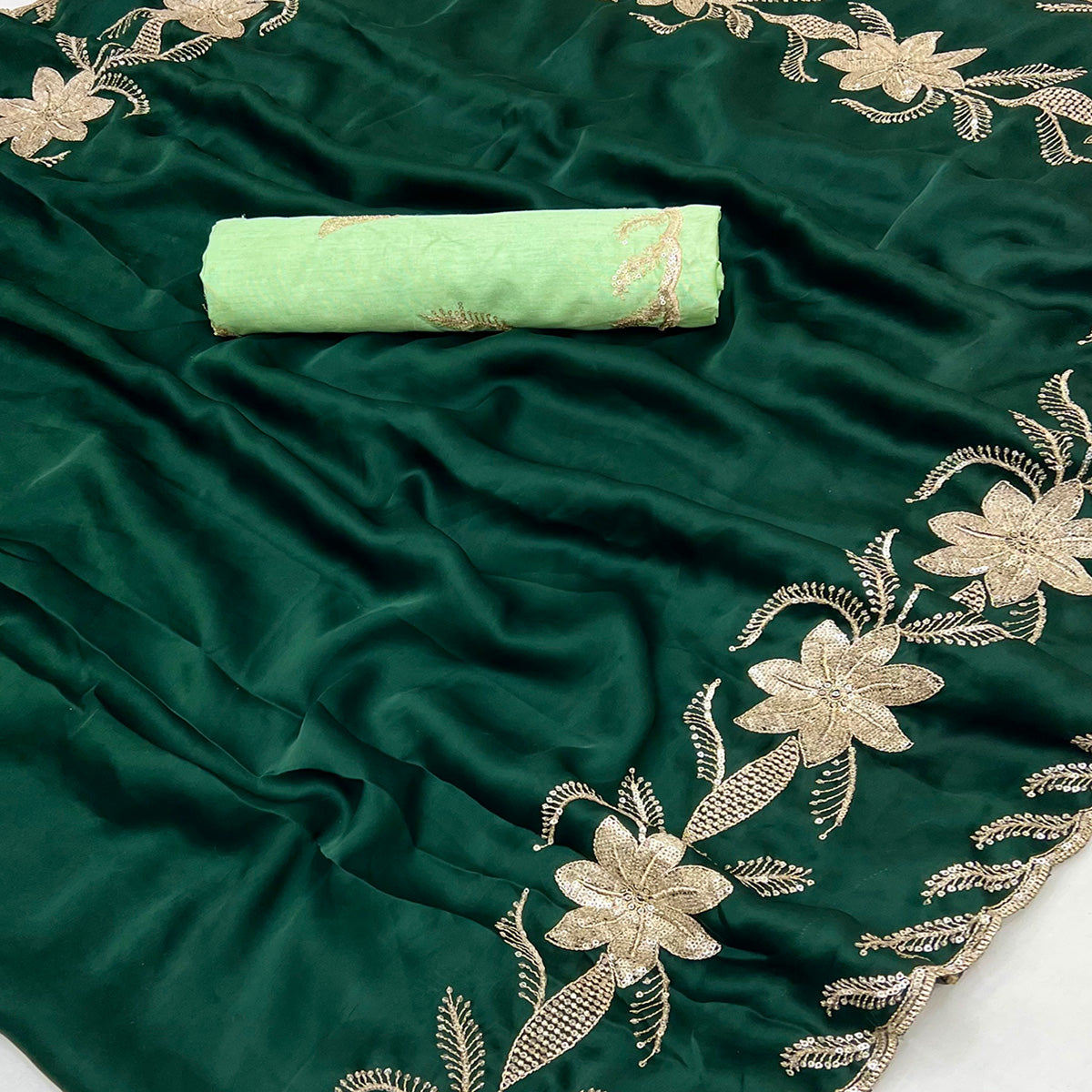 Green Sequins Work Embroidered Satin Saree for Special Occasions