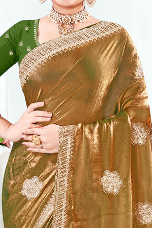 Designer Green Floral Zari Embroidery Organza Satin Silk Saree Featuring Diamond Work