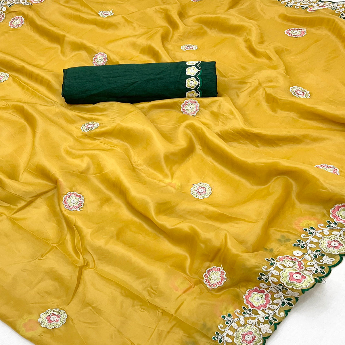 Lemon Yellow Organza Saree Adorned with Intricate Floral Embroidery