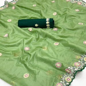 Green Organza Saree Adorned with Intricate Floral Embroidery