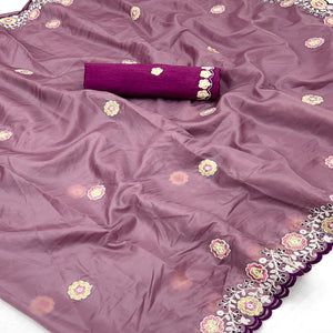 Mauve Organza Saree Adorned with Intricate Floral Embroidery