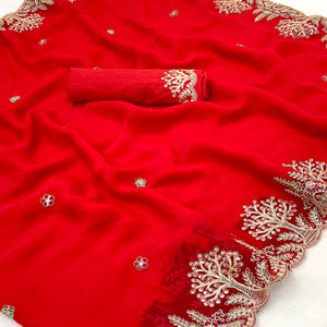 Red Floral Embroidered Crepe Saree with Subtle Sequin Detailing
