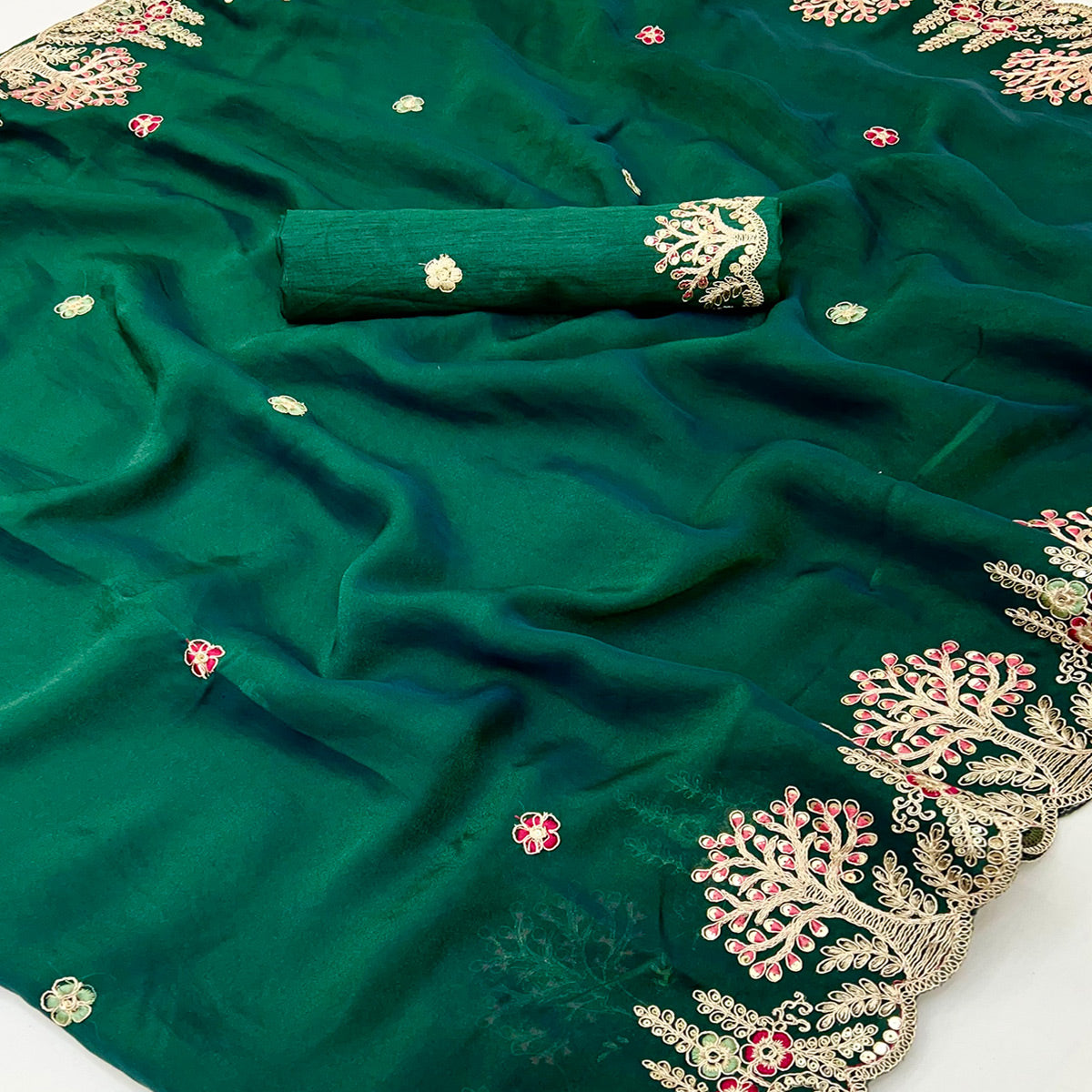 Green Floral Embroidered Crepe Saree with Subtle Sequin Detailing