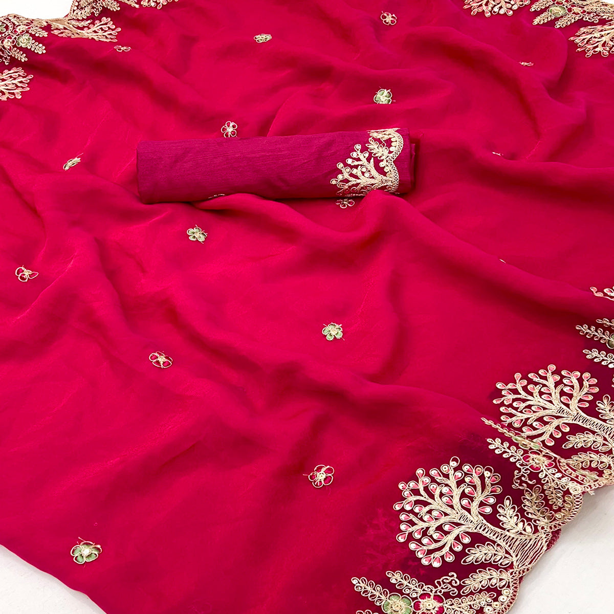 Pink Floral Embroidered Crepe Saree with Subtle Sequin Detailing