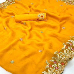 Party Wear Mustard Yellow Floral Embroidered Crepe Saree with Elegant Sequin Finish