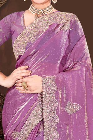 Stylish Purple Floral Embroidered Organza Satin Silk Saree With Diamond Work Finish