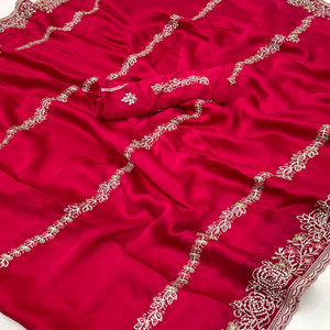 Pink Satin Chiffon Saree Adorned with Intricate Floral Embroidery