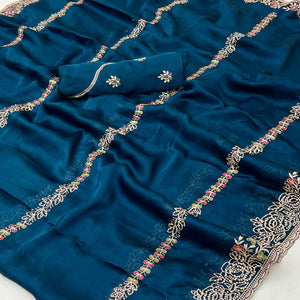 Blue Satin Chiffon Saree Adorned with Intricate Floral Embroidery