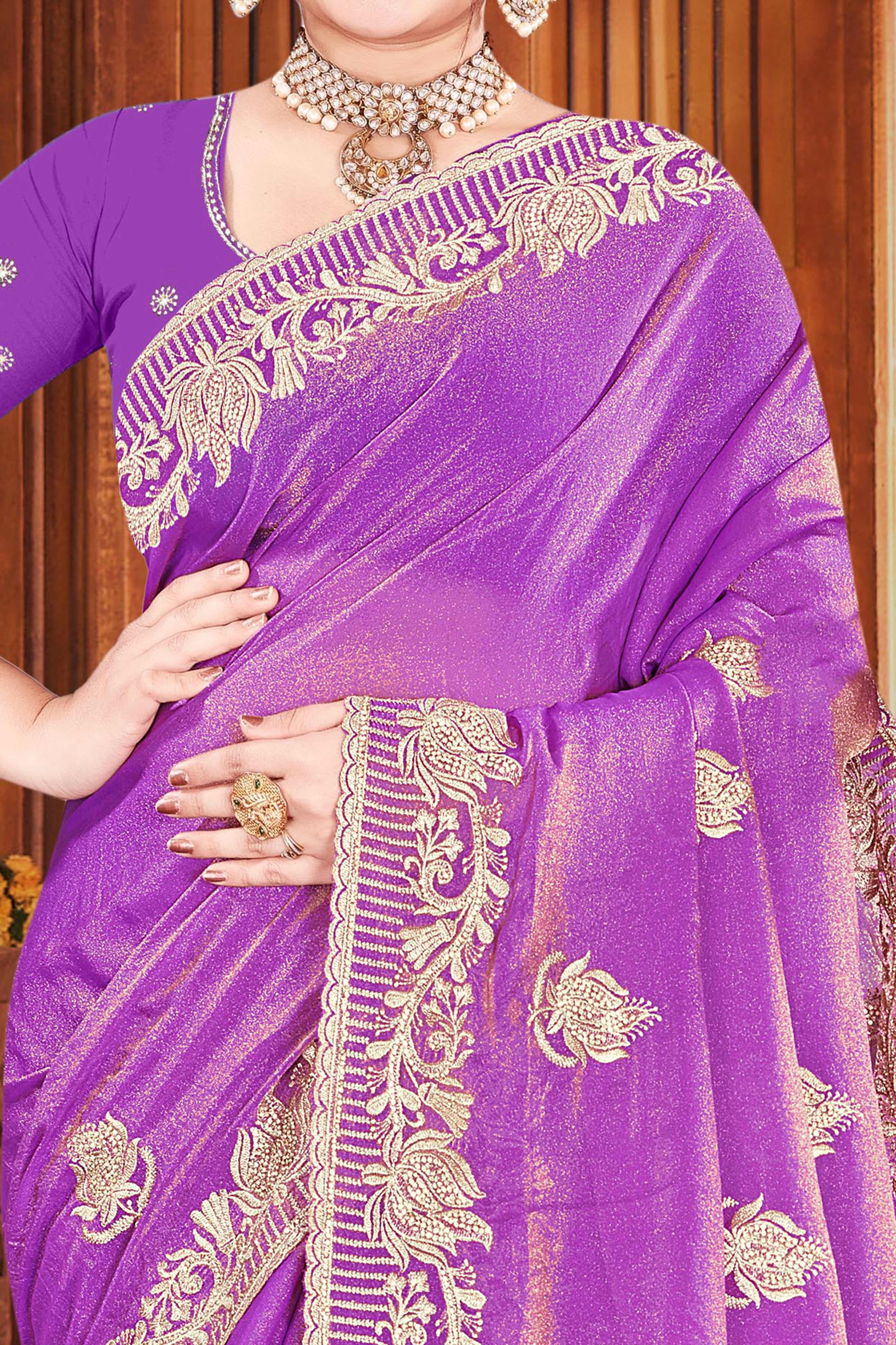 Exclusive Purple Floral Zari Embroidered Organza Satin Silk Saree With Diamond Detailing