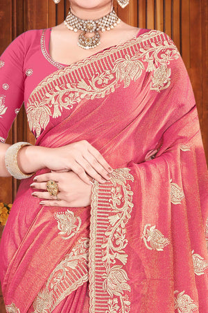 Exclusive Gajari Pink Floral Zari Embroidered Organza Satin Silk Saree With Diamond Detailing