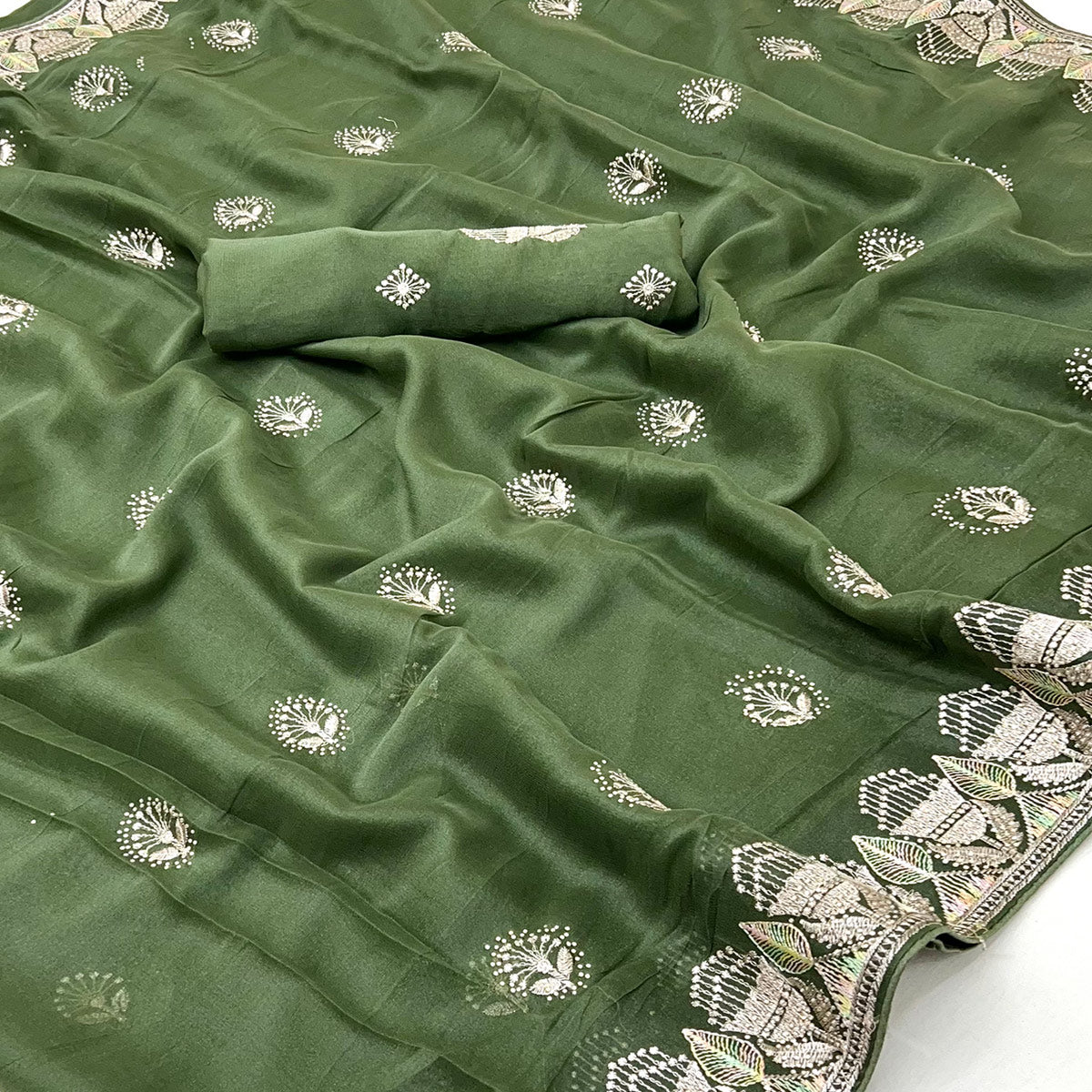 Green Star Georgette Saree with Intricate Floral Embroidery Work