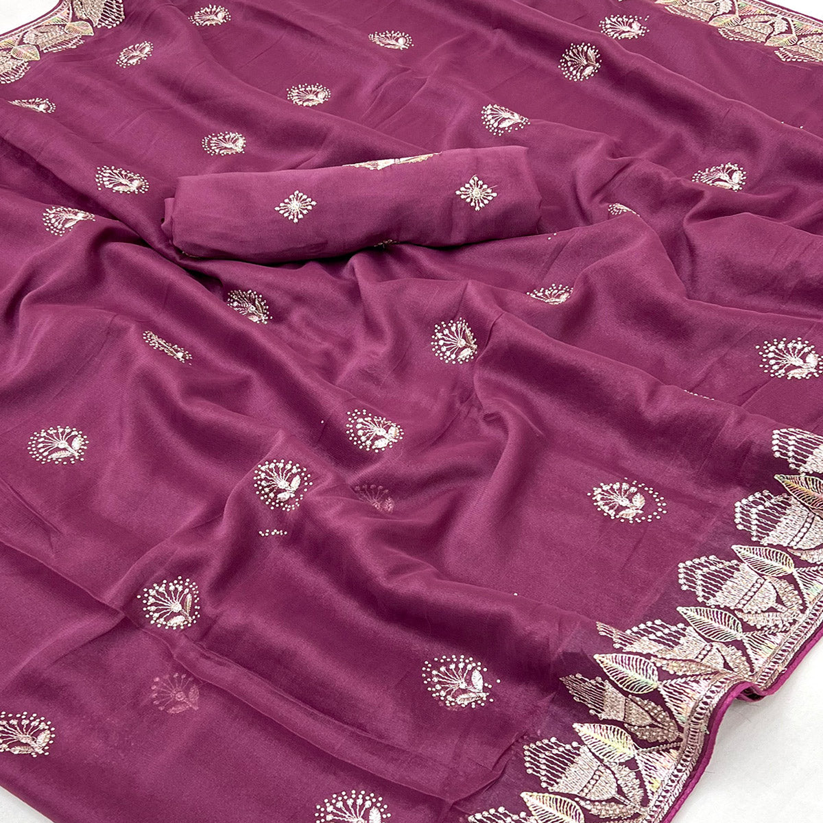 Plum Purple Star Georgette Saree with Intricate Floral Embroidery Work