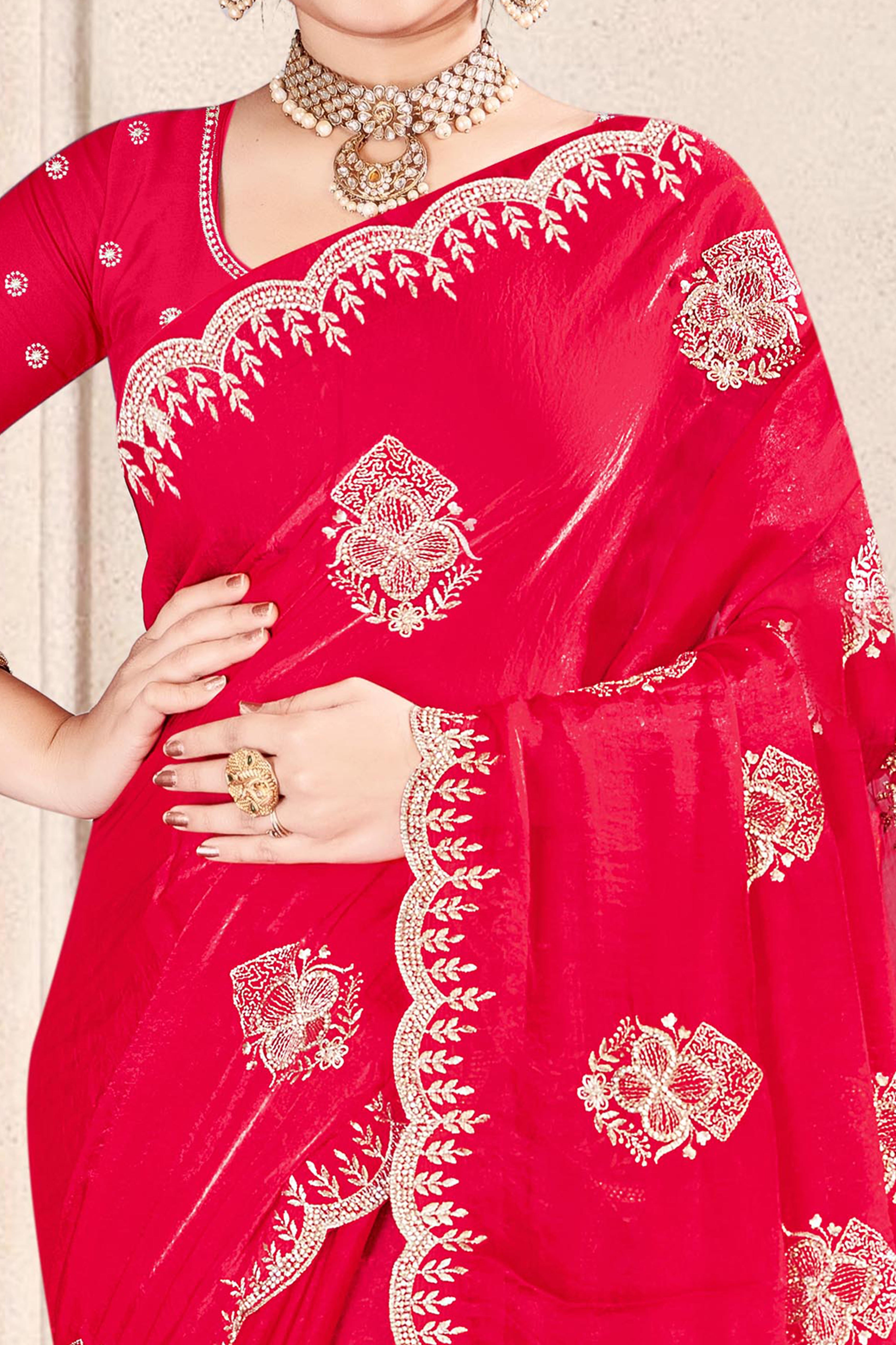 Luxury Pink Floral Zari Embroidery With Sparkling Diamond Work Organza Satin Silk Saree