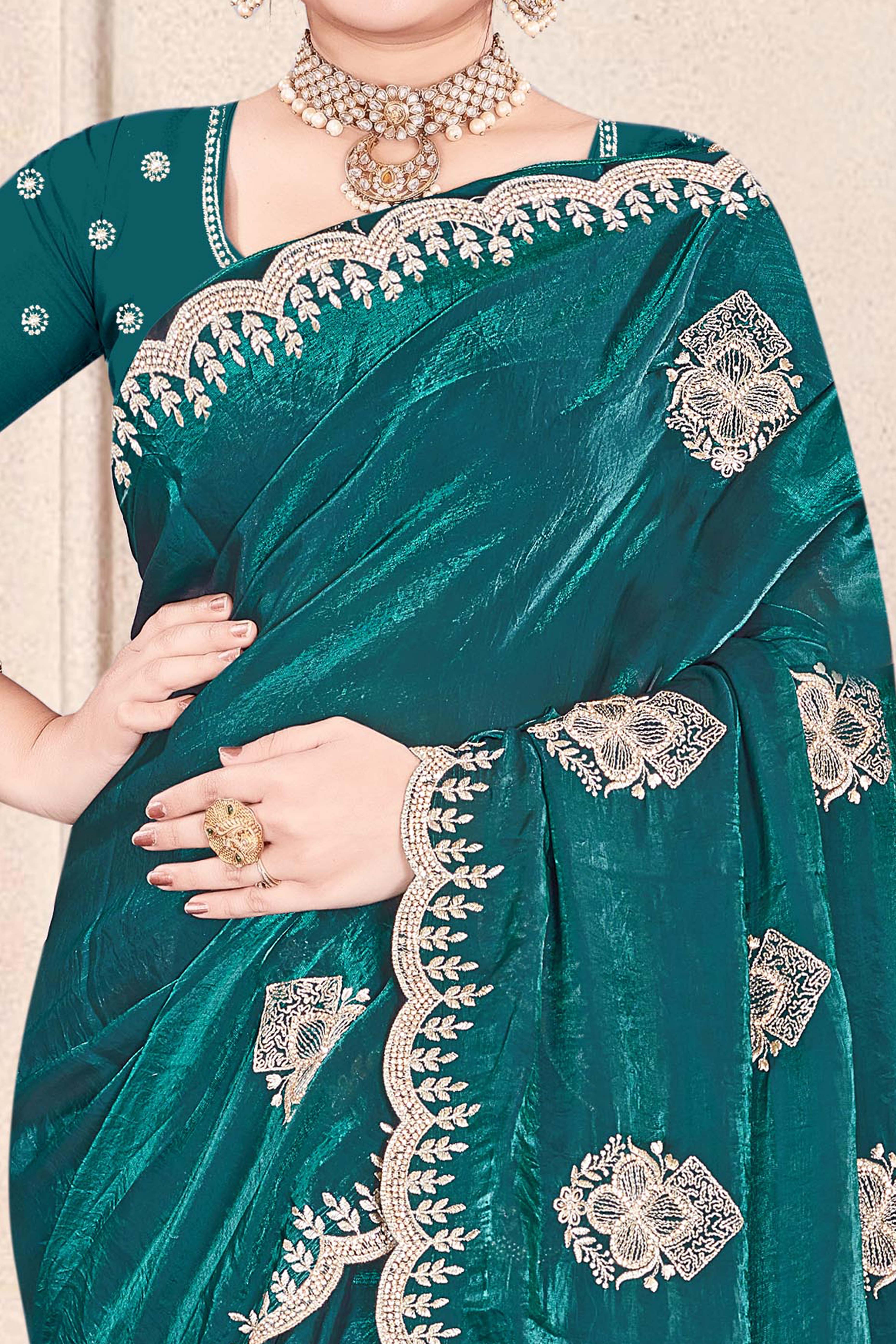 Luxury Teal Floral Zari Embroidery With Sparkling Diamond Work Organza Satin Silk Saree