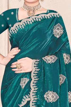 Luxury Teal Floral Zari Embroidery With Sparkling Diamond Work Organza Satin Silk Saree