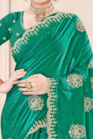 Luxury Green Floral Zari Embroidery With Sparkling Diamond Work Organza Satin Silk Saree