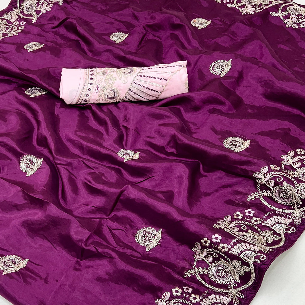 Purple Embroidered Satin Saree with Smooth Texture and Graceful Festive Appeal