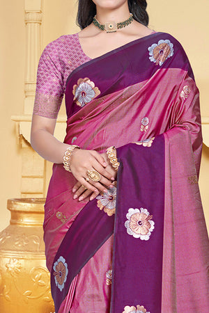 Charming Pink & Purple Floral Zari Weaving Silk Blend Saree Enhanced With Stylish Tassel Pallu