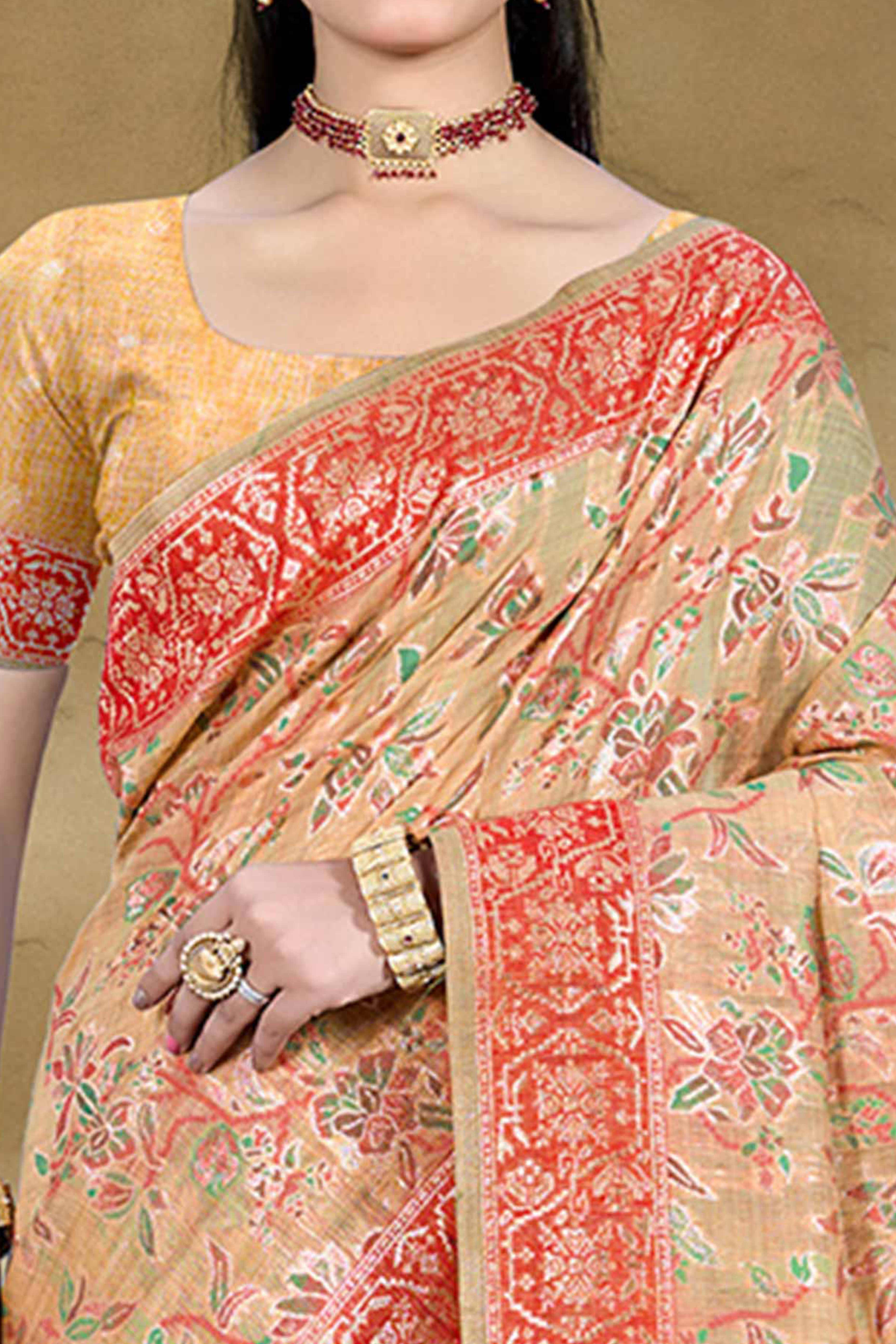 Alluring Light Peach Floral Zari Weaving Cotton Silk Saree With Graceful Tassel Pallu