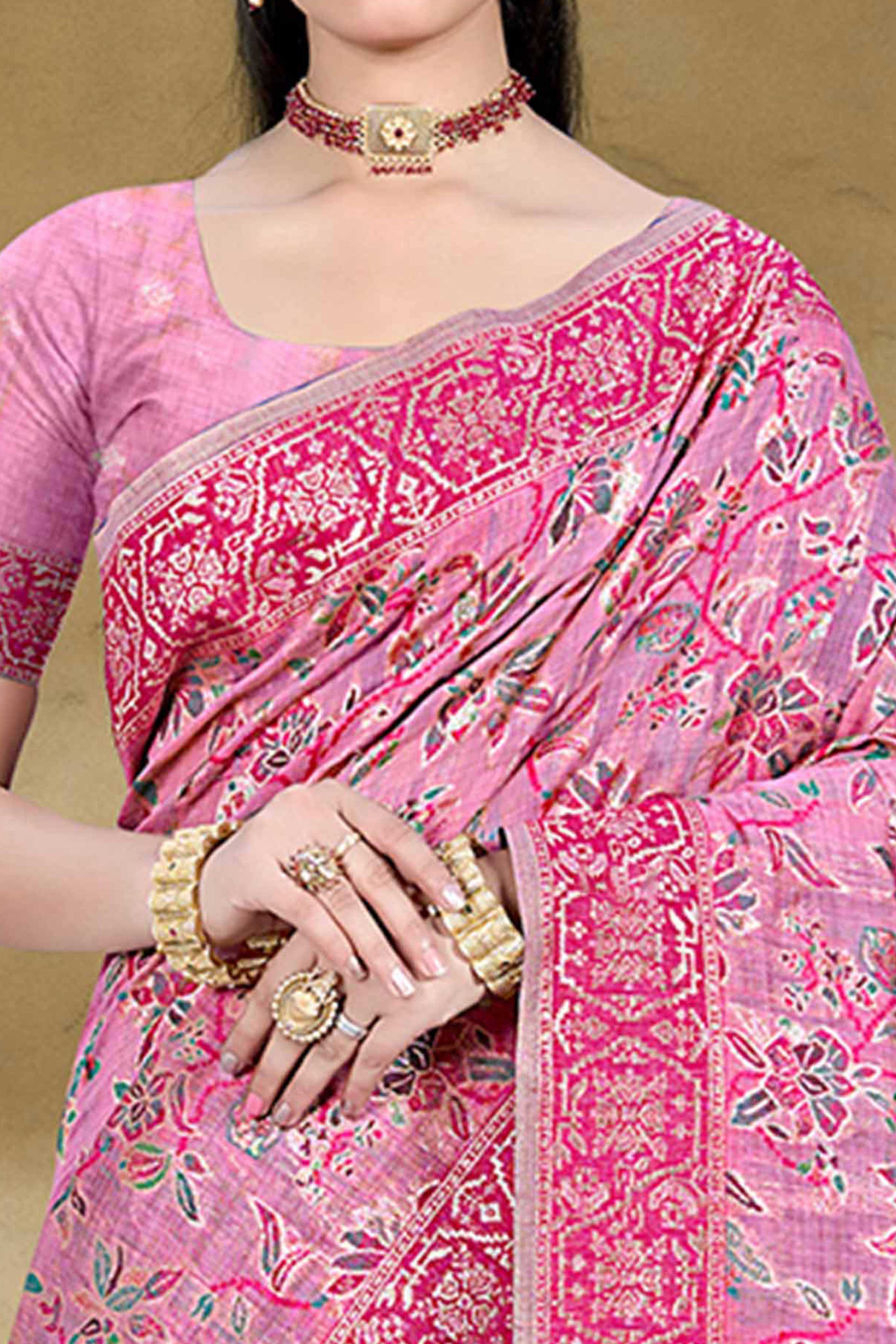 Alluring Pink Floral Zari Weaving Cotton Silk Saree With Graceful Tassel Pallu