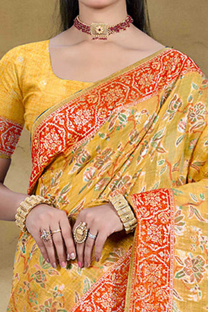 Alluring Mustard Floral Zari Weaving Cotton Silk Saree With Graceful Tassel Pallu